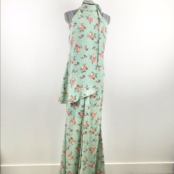 AoBaBa Mint and Rose Floral Silk Blend 2 Piece Halter Top Pantsuit Set - Picture 2 of 16